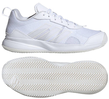 The adidas AvaFlash Women's Tennis Shoes in white feature a mesh upper, signature three stripes, and a textured zigzag rubber sole designed for optimal court performance. Shown from the side and bottom.