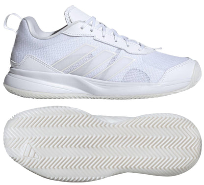 The adidas AvaFlash Women's Tennis Shoes in white feature a mesh upper, signature three stripes, and a textured zigzag rubber sole designed for optimal court performance. Shown from the side and bottom.