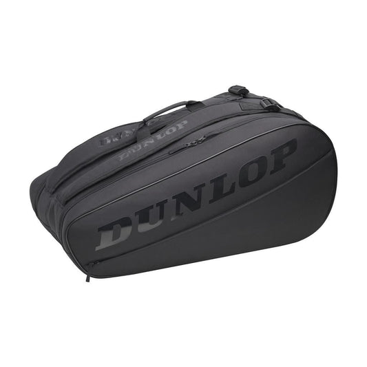 The Dunlop CX-Club 10 Racket Tennis Bag in black is crafted to store up to ten rackets and showcases a modern, rounded design with prominent zippers set against a simple white backdrop.
