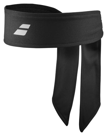 The Babolat Tie Tennis Headband - Black, with technical construction, features two hanging tails and a small white logo on the front. Designed for performance, it ensures excellent sweat absorption to help you stay focused during your game.