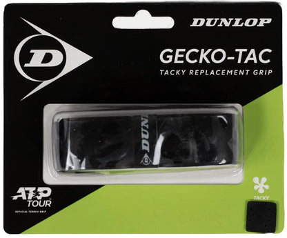 The Dunlop Gecko-Tac Replacement Tennis Grip - Black comes in black and green packaging with a visible grip inside, displaying the Dunlop brand and ATP Tour logos, designed specifically for tennis rackets.