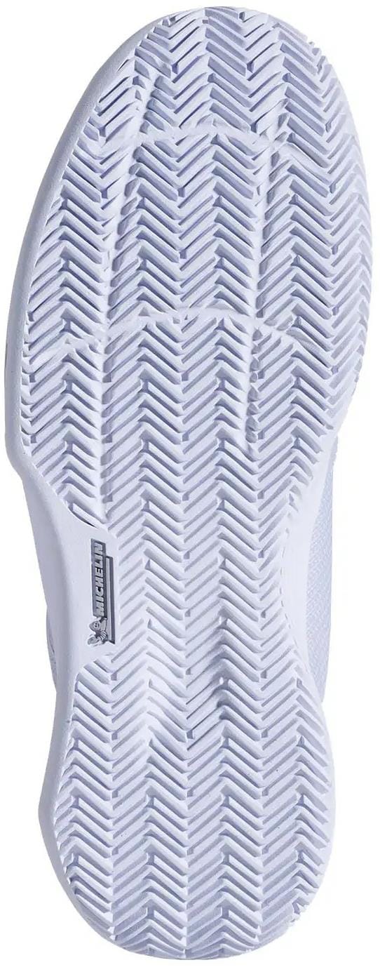 Close-up of the Babolat SFX Evo Carpet Womens Tennis Shoes in Xenon Blue/White, highlighting the detailed sole pattern and “MICHELIN” label—ideal for players seeking a comfortable, wide fit on carpet courts.