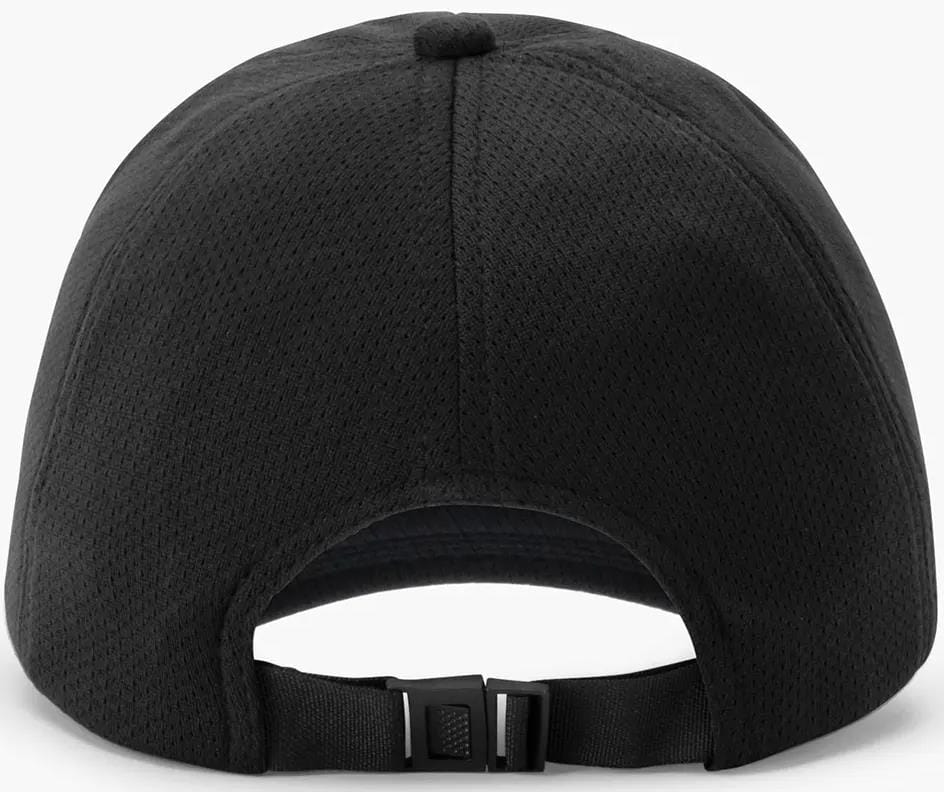 The Yonex 40125EX Tennis Cap in black features a fabric strap with a black plastic buckle for easy adjustment. This lightweight, breathable Yonex cap is made from textured material for comfort and performance.