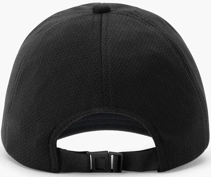 The Yonex 40125EX Tennis Cap in black features a fabric strap with a black plastic buckle for easy adjustment. This lightweight, breathable Yonex cap is made from textured material for comfort and performance.