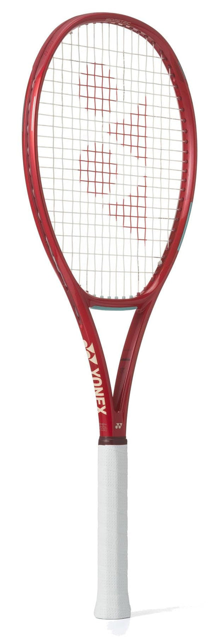The Yonex VCORE 95 2026 Ruby Red Tennis Racket features a white grip and strings with the Yonex logo centered, designed for maximum spin on every shot.