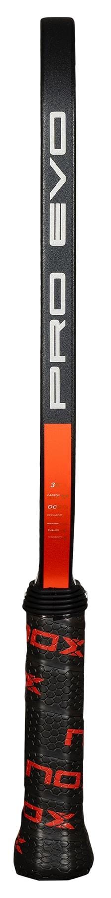Close-up image of the NOX Pro Evo Pickleball Paddle handle in black/red, featuring "PRO EVO" on the throat and showcasing 3K carbon fibre by NOX for enhanced control and durability.