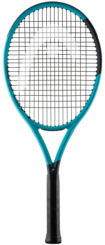 The HEAD IG Boom XCEED Tennis Racket by HEAD, in blue and black with a black grip and strings, made from graphite, is displayed against a white background.