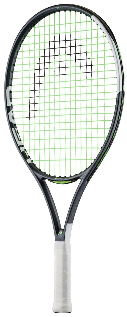 The HEAD IG Speed Junior 24 2026 Tennis Racket is lightweight, with green and black strings featuring the HEAD logo, a black and white frame with the brand name on the side, and a white grip—ideal as a kids' tennis racket.