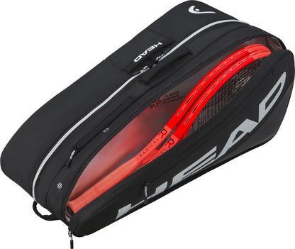 The HEAD Tour 9 Racket Tennis Bag L - Black by HEAD features a large zippered compartment, shown partially open with two red racquets inside. The sleek design showcases the HEAD logo on the side.