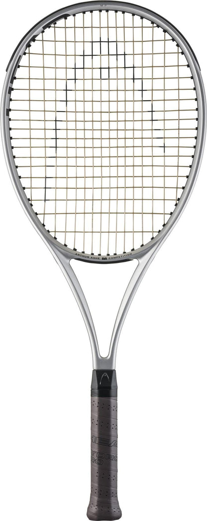 The HEAD Arthur Ashe Competition 2025 Tennis Racket features a silver frame, black grip, and beige strings—captured on a plain white background—making it the ideal limited-edition choice for serious players.