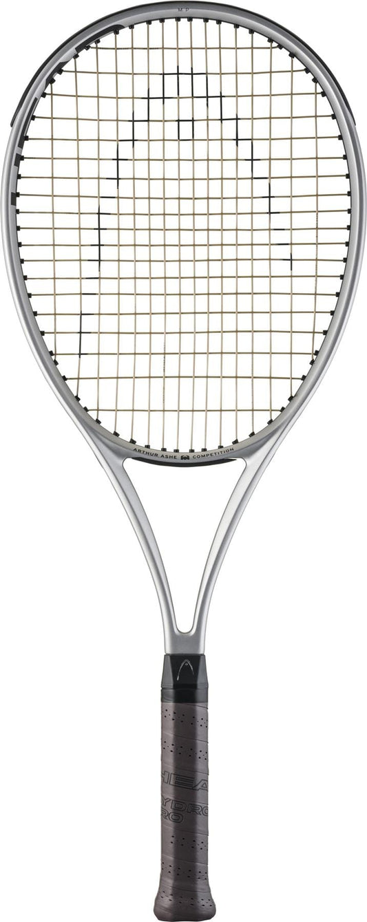 The HEAD Arthur Ashe Competition 2025 Tennis Racket features a silver frame, black grip, and beige strings—captured on a plain white background—making it the ideal limited-edition choice for serious players.