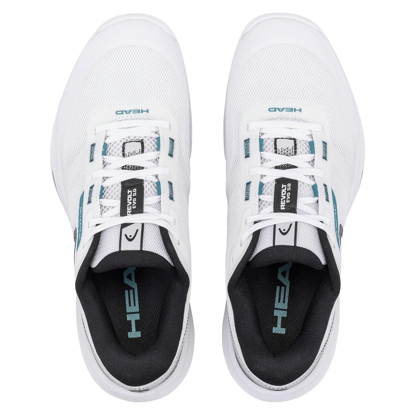 A pair of HEAD Revolt Evo 5.0 Mens Tennis Shoes in White/Black, viewed from above. Designed for baseline players, these comfortable shoes feature "HEAD" branding on the tongue and insole.