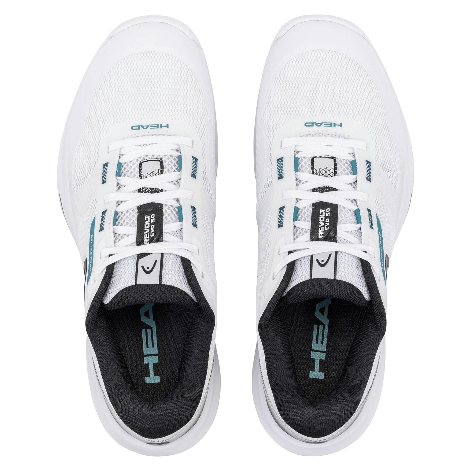 A pair of HEAD Revolt Evo 5.0 Mens Tennis Shoes in White/Black, viewed from above. Designed for baseline players, these comfortable shoes feature "HEAD" branding on the tongue and insole.