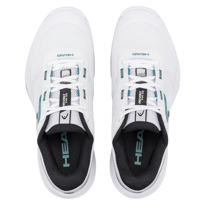 A pair of HEAD Revolt Evo 5.0 Mens Tennis Shoes in White/Black, viewed from above. Designed for baseline players, these comfortable shoes feature "HEAD" branding on the tongue and insole.