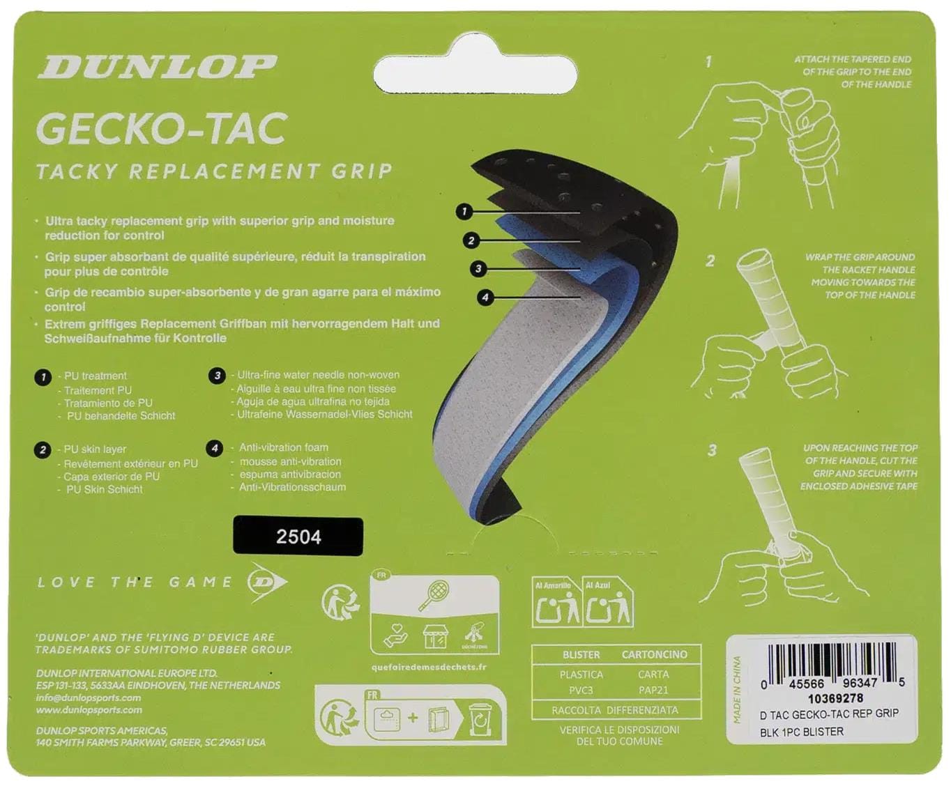 The Dunlop Gecko-Tac Replacement Tennis Grip - White package shows features, a grip diagram, barcode, application steps with hand images, and Dunlop logos on a green and white background.