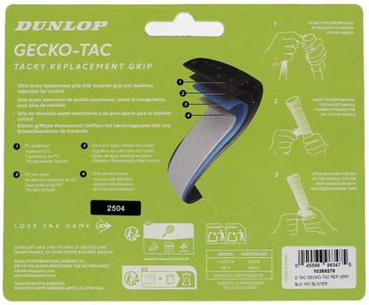 The Dunlop Gecko-Tac Replacement Tennis Grip - White package shows features, a grip diagram, barcode, application steps with hand images, and Dunlop logos on a green and white background.