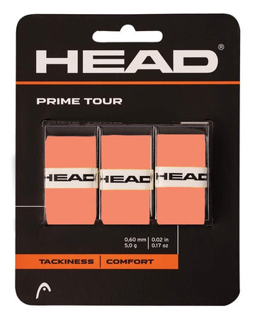 The HEAD Prime Tour Tennis Overgrip (3 Pack) in salmon features three grips with the HEAD logo. They are 0.60 mm thick, weigh 5.0 g each, and are labeled "Tackiness" and "Comfort," enhancing your play.