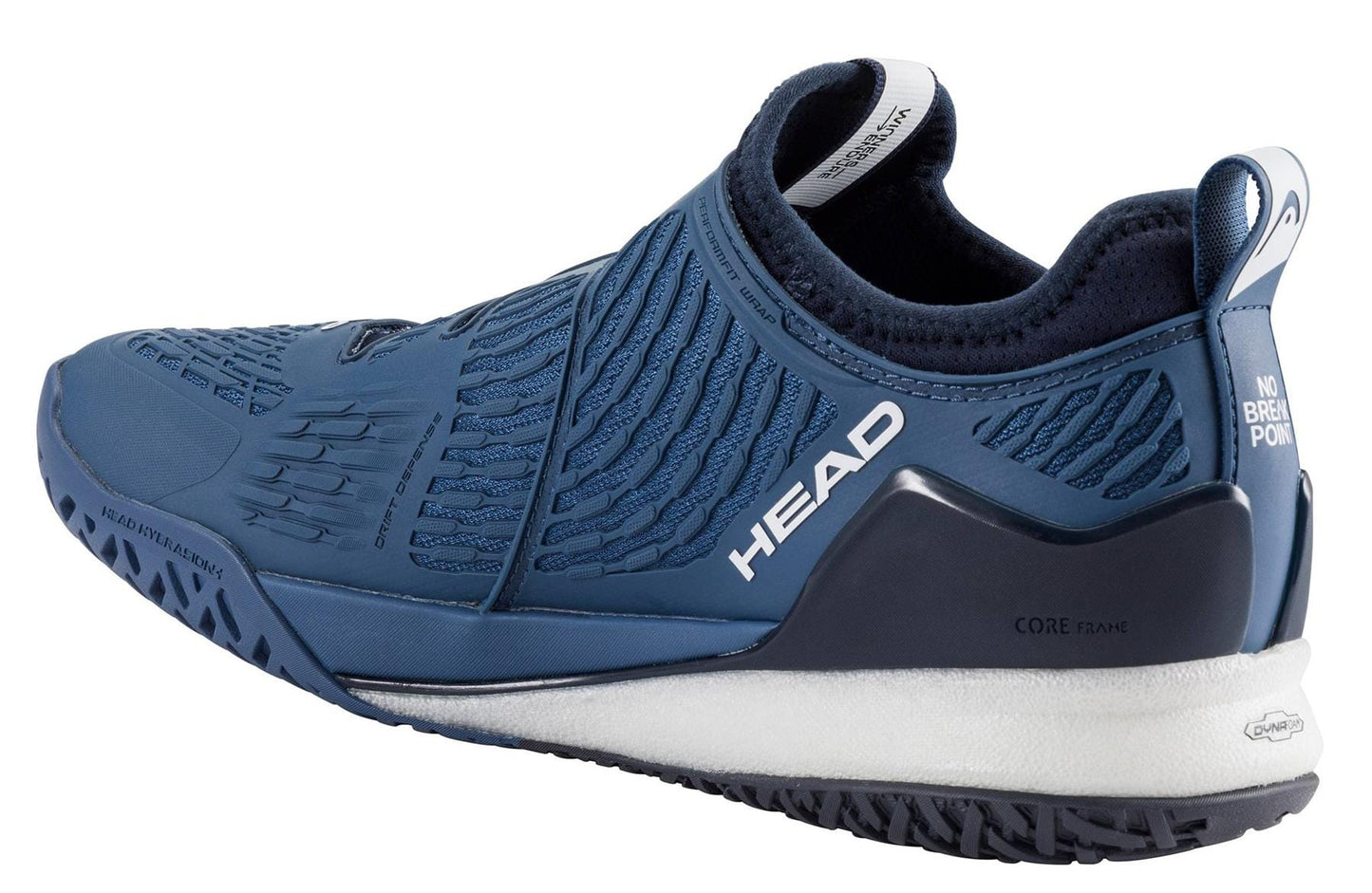 The HEAD Endure Pro BOA Men's Tennis Shoes in dark blue/navy feature a slip-on design, textured upper, wavy-grip sole, white accents, and "HEAD" branding—ideal for anyone seeking durable tennis footwear.