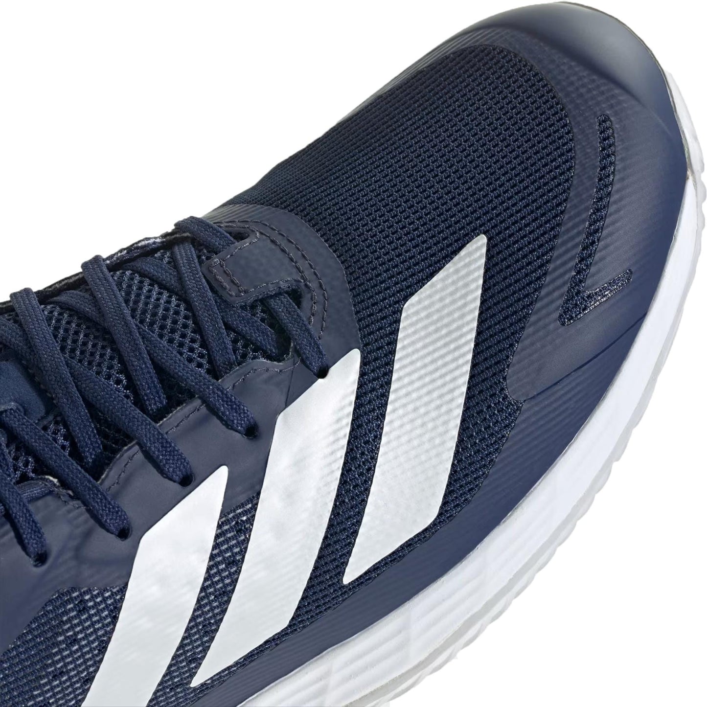 Close-up of adidas Defiant Speed 2 Men’s Tennis Shoes in Dark Blue/Zero Metallic/Cloud White, featuring mesh upper and navy laces for lightweight performance, shown against a white background.