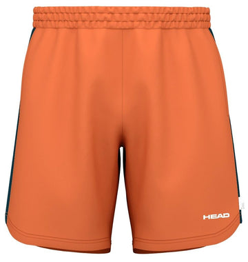 Orange HEAD Power Men's Tennis Shorts feature an elastic waistband, a small white logo on the lower right side, and offer 4-way stretch for comfort and agility on or off the court.