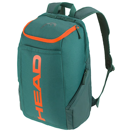 The HEAD Pro 28L Tennis Backpack - DYFO (Green / Orange) offers modern functionality with its green design, complemented by orange accents and the "HEAD" logo prominently displayed on the front pocket. It includes a top handle, padded shoulder straps, and provides excellent racquet protection for athletes on the move.