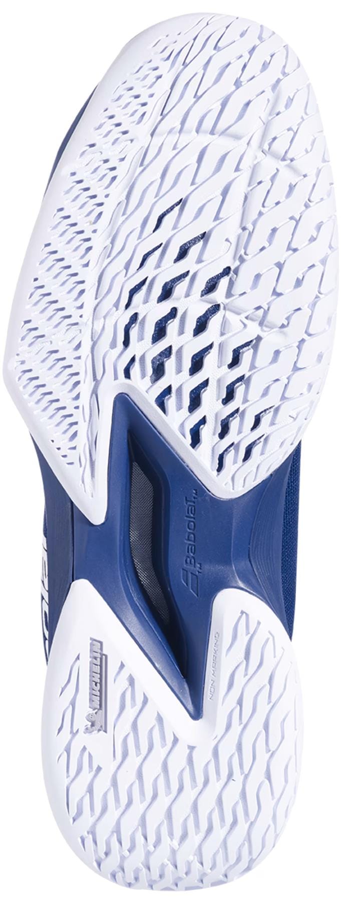 The image shows the sole of the Babolat Jet Tere 2 Premium All Court Men's Tennis Shoe in dark blue, featuring intricate tread patterns for grip and a visible "Michelin" logo, highlighting durable rubber technology. The "Babolat" brand is also shown.