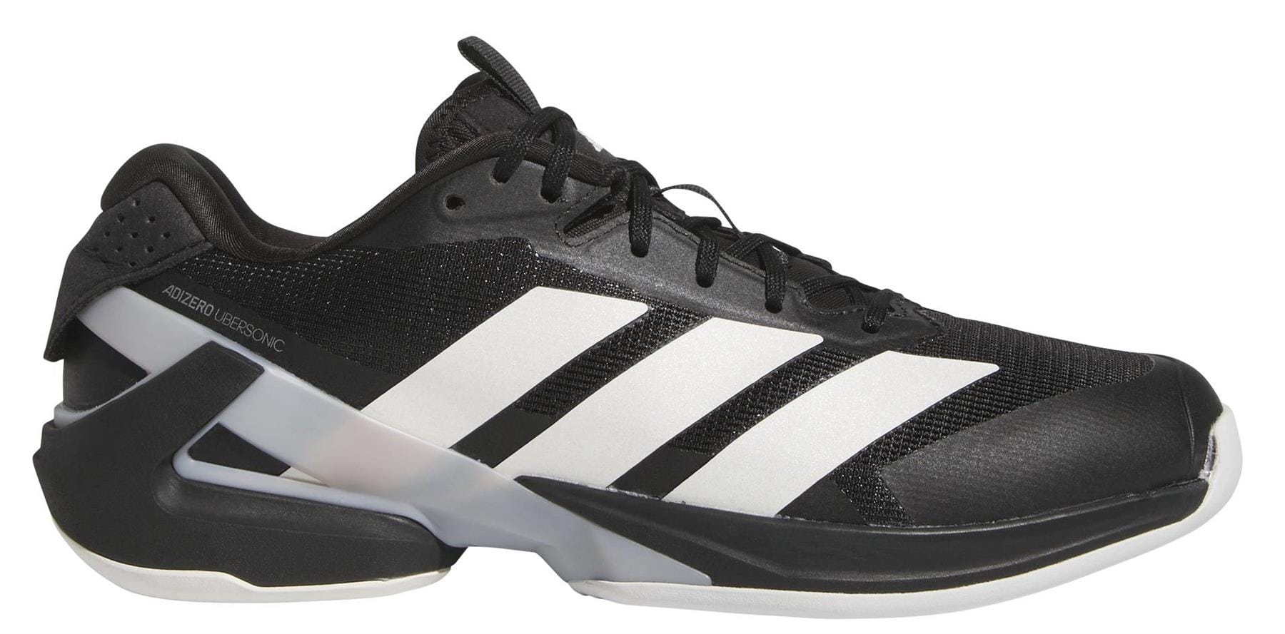 The adidas Adizero Ubersonic 5 Men's Tennis Shoes in black feature white accents, iconic three stripes, black laces, and a uniquely shaped thick sole—ideal for tennis courts.