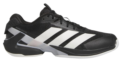 The adidas Adizero Ubersonic 5 Men's Tennis Shoes in black feature white accents, iconic three stripes, black laces, and a uniquely shaped thick sole—ideal for tennis courts.