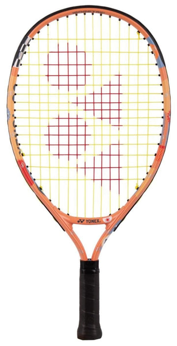The Yonex Junior 19 Coral Orange Tennis Racket by Yonex, featuring an orange frame, yellow strings with a red logo, and black handle, is displayed against a white background—ideal for kids or beginner players.