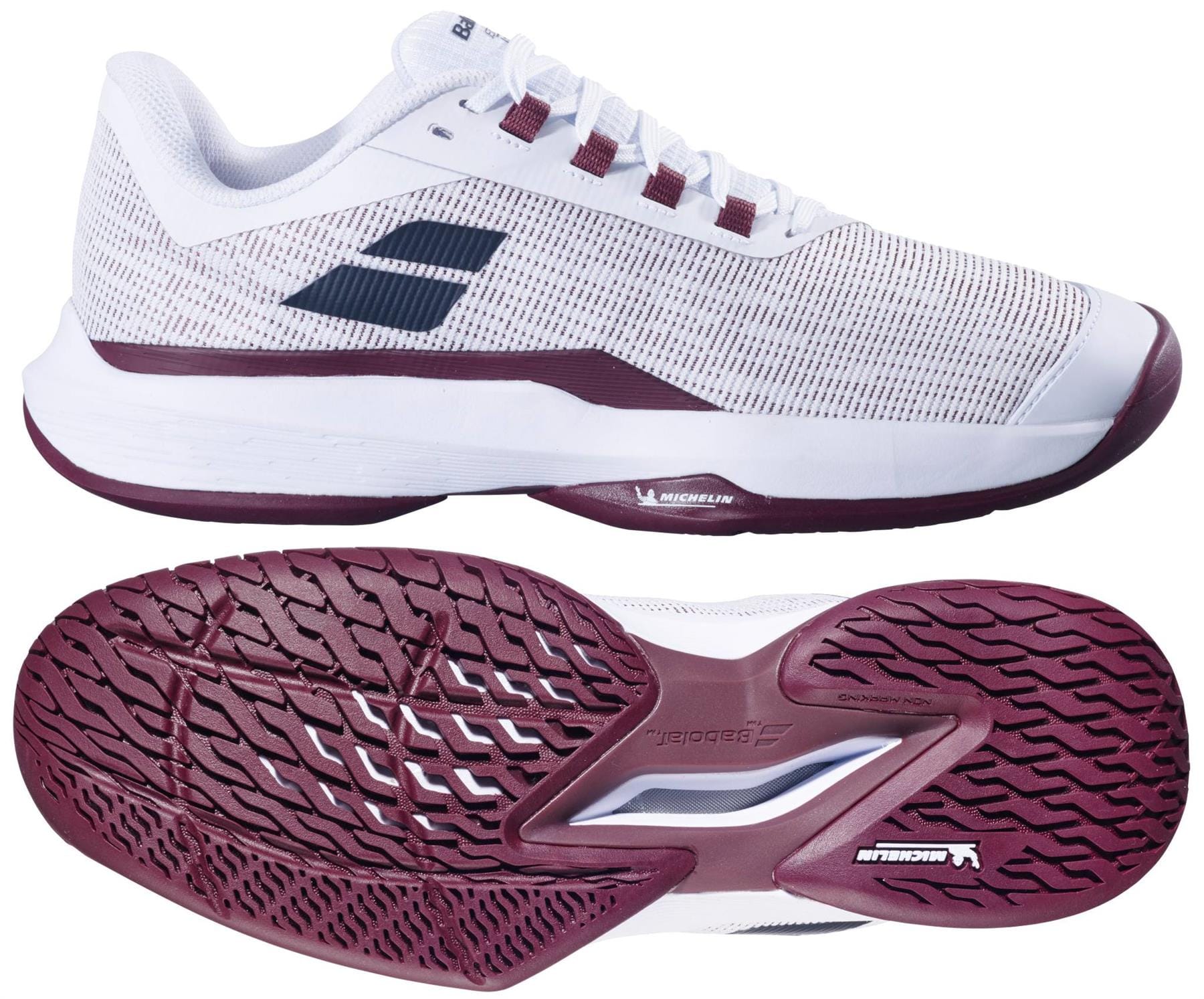 The Babolat Jet Tere 2 Men's Tennis Shoes in white and burgundy feature a breathable mesh upper, maroon accents, logo detail on the side, and a textured sole designed for grip and comfortable performance.