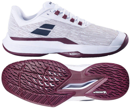 The Babolat Jet Tere 2 Men's Tennis Shoes in white and burgundy feature a breathable mesh upper, maroon accents, logo detail on the side, and a textured sole designed for grip and comfortable performance.