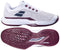 The Babolat Jet Tere 2 Men's Tennis Shoes in white and burgundy feature a breathable mesh upper, maroon accents, logo detail on the side, and a textured sole designed for grip and comfortable performance.