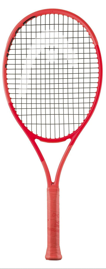 The HEAD Radical Junior 2025 Tennis Racket by HEAD, with Auxetic 2.0 technology, a red frame, black strings, and wrapped handle, is shown vertically against a white background.