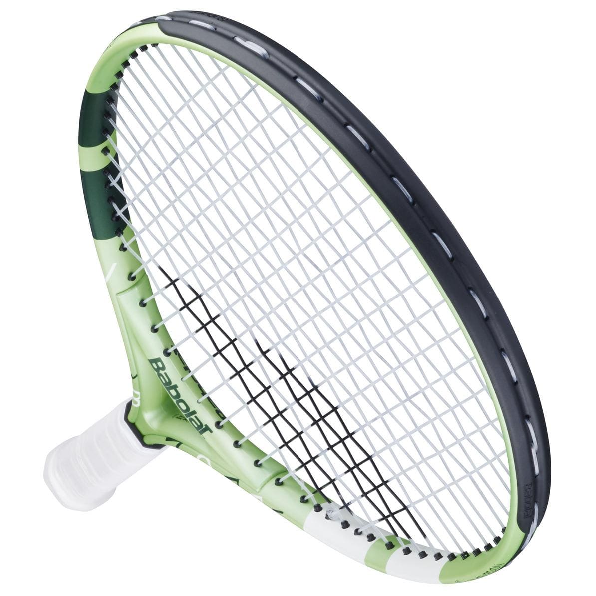 The Babolat Junior 21 Wimbledon 2025 Tennis Racket in Champagne Green features a white and green camouflage design on its lightweight aluminum frame, with a white grip and black and white strings, shown at an angle displaying the full head and handle.