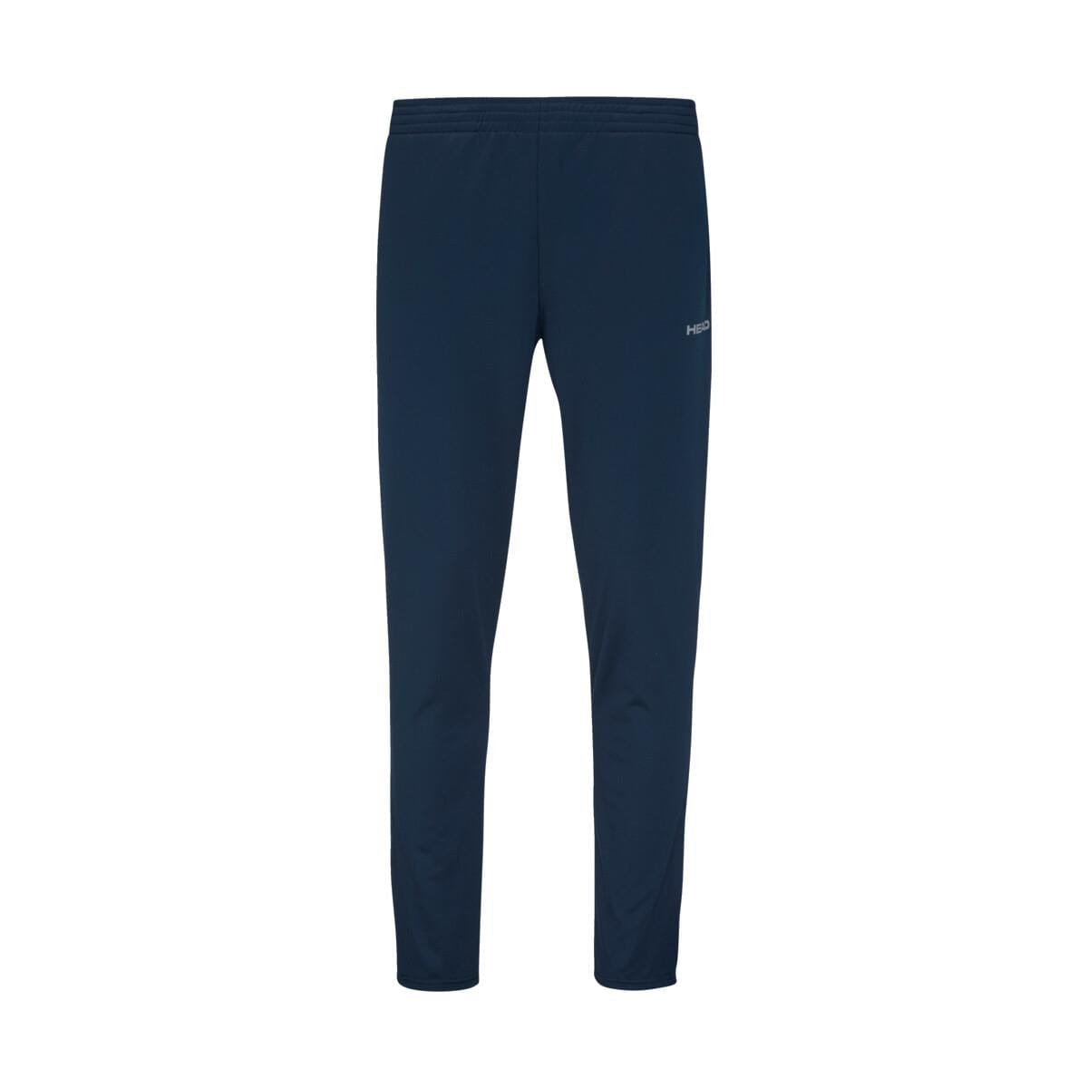 Introducing the HEAD Club Mens Easy Court Tracksuit in Dark Blue, featuring a pair of athletic track pants from HEAD. These pants boast an elastic waistband and tapered legs crafted from smooth, slightly fitted fabric enriched with moisture transfer microfiber, making them perfect for sports or casual occasions. A small logo adds a subtle touch on the right thigh.