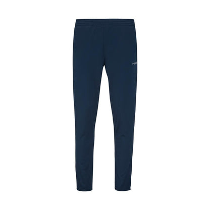 Introducing the HEAD Club Mens Easy Court Tracksuit in Dark Blue, featuring a pair of athletic track pants from HEAD. These pants boast an elastic waistband and tapered legs crafted from smooth, slightly fitted fabric enriched with moisture transfer microfiber, making them perfect for sports or casual occasions. A small logo adds a subtle touch on the right thigh.