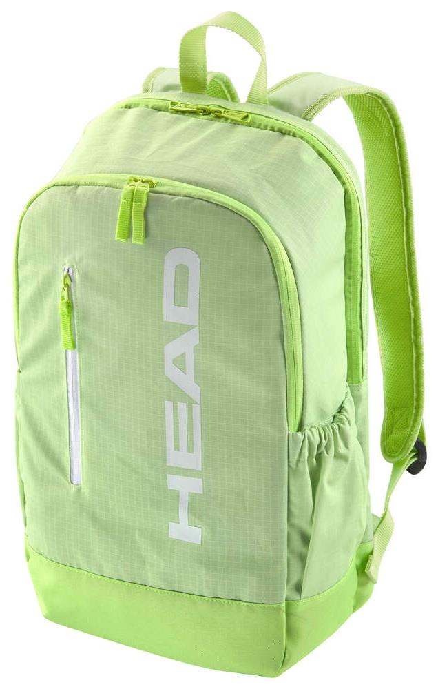 The HEAD BASE Tennis Backpack 17L - SG from HEAD's Collection is light green and showcases "HEAD" in white on the front. It has a racket compartment, front pocket with vertical zipper, side pockets, adjustable shoulder straps, and a top handle.