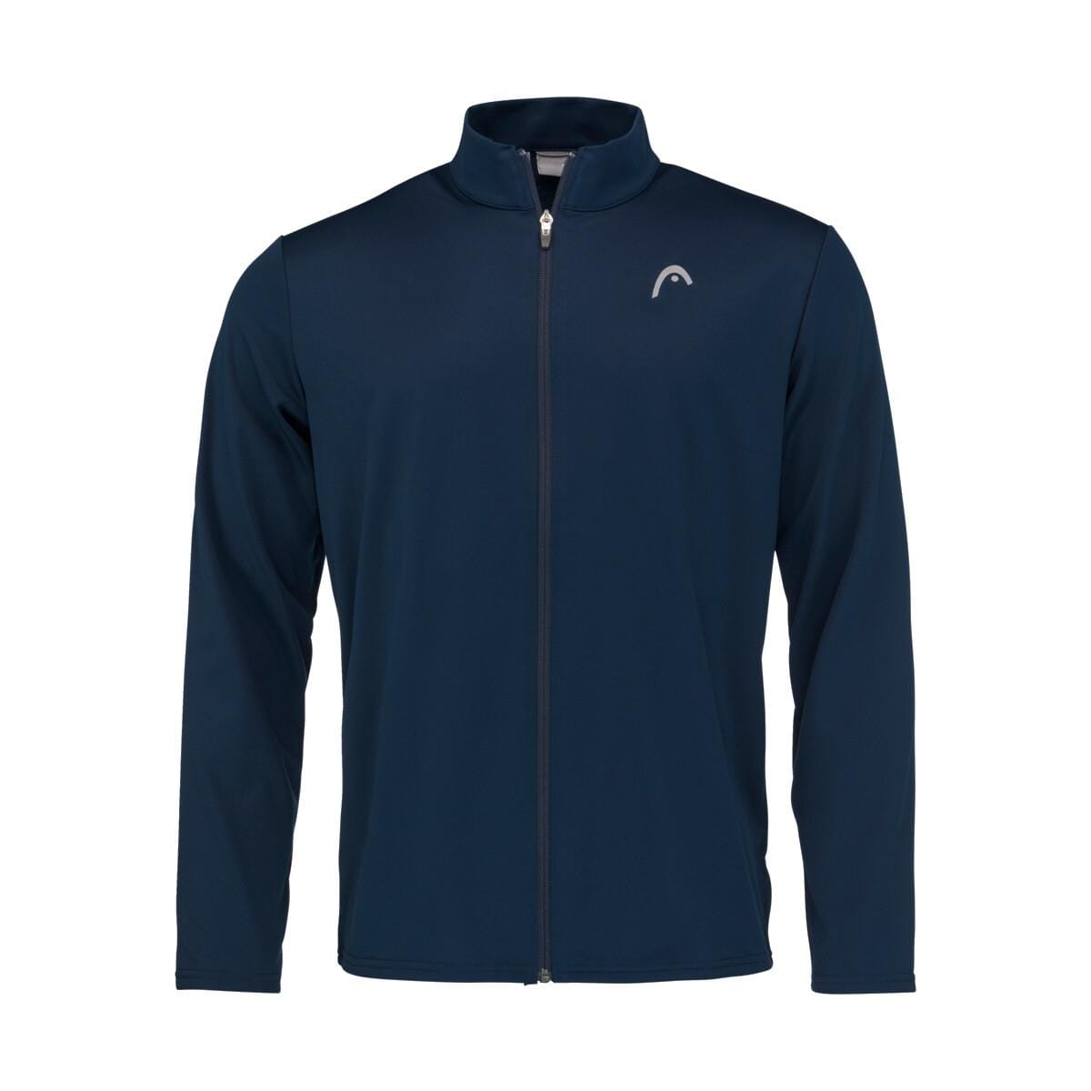 Introducing the HEAD Club Men's Easy Court Tracksuit in dark blue, featuring a zip-up jacket ideal for tennis enthusiasts. This long-sleeve design boasts a stand-up collar and is crafted with moisture transfer microfiber. Adorned with a small white HEAD logo on the left chest, the jacket is stylishly displayed laid flat against a white background.