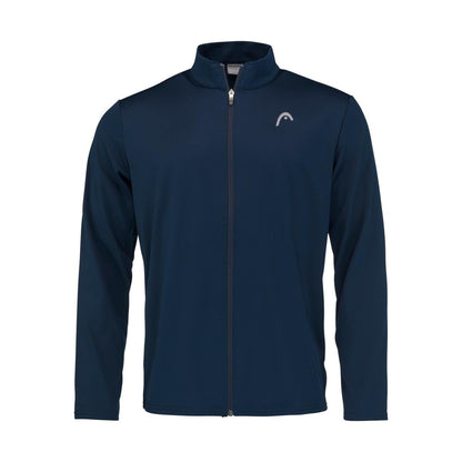 Introducing the HEAD Club Men's Easy Court Tracksuit in dark blue, featuring a zip-up jacket ideal for tennis enthusiasts. This long-sleeve design boasts a stand-up collar and is crafted with moisture transfer microfiber. Adorned with a small white HEAD logo on the left chest, the jacket is stylishly displayed laid flat against a white background.