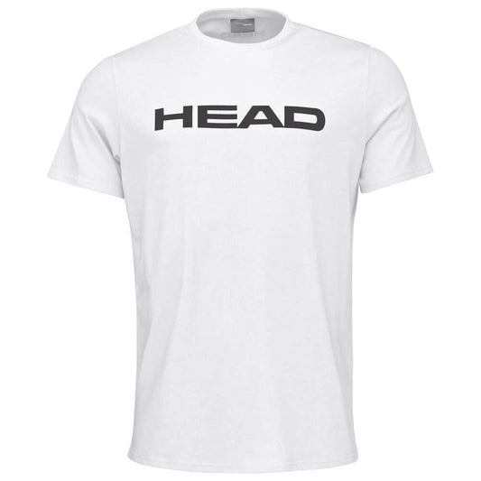 The HEAD Club Basic Men's Tennis T-Shirt in white showcases the word "HEAD" prominently printed across the chest in black. Featuring its classic round neckline and short sleeves, this shirt is ideal for both sports and casual occasions, set against a simple background.