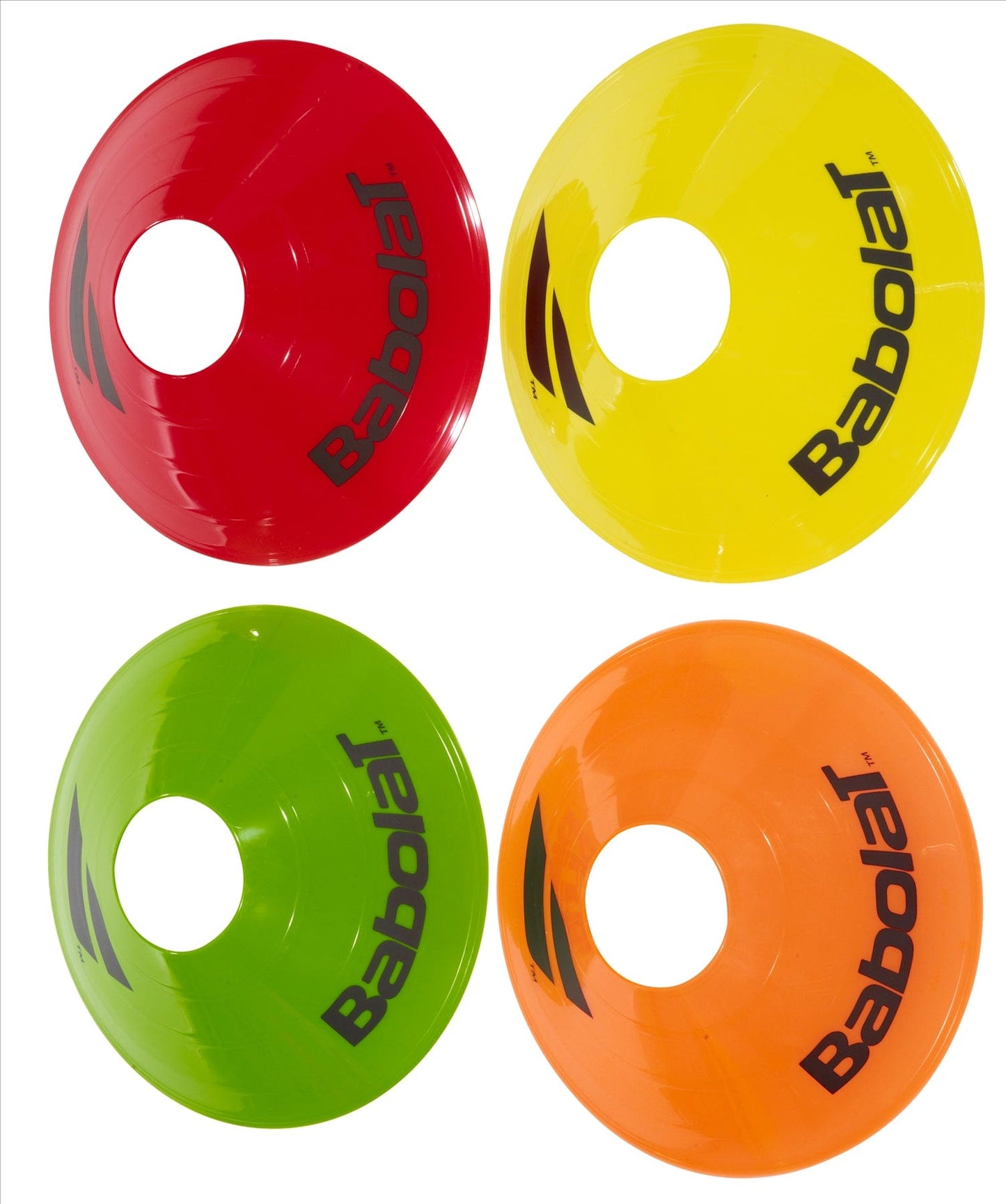 In a square arrangement, four sports marker cones in red, yellow, green, and orange from the Babolat Mini Tennis Training Kit are laid out. Each cone is perfect for tennis practice with a central hole and the Babolat logo displayed on the side.