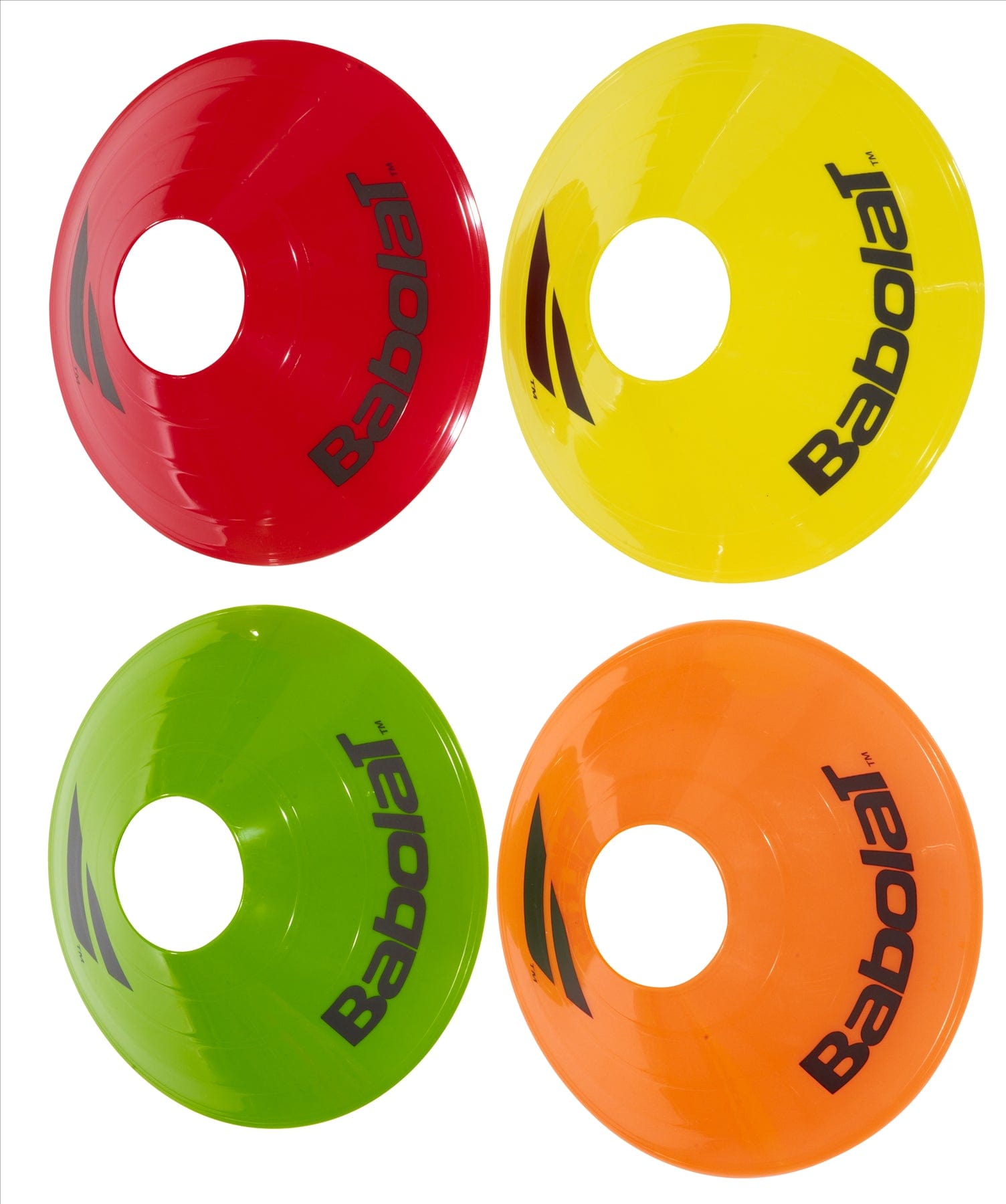 In a square arrangement, four sports marker cones in red, yellow, green, and orange from the Babolat Mini Tennis Training Kit are laid out. Each cone is perfect for tennis practice with a central hole and the Babolat logo displayed on the side.