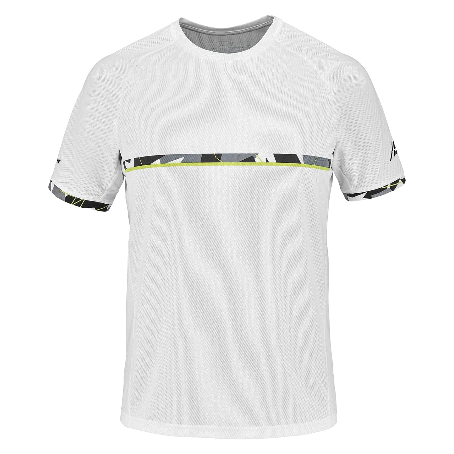 The Babolat Aero Crew Neck Men's Tennis T-Shirt in white is crafted specifically for racket sports, utilizing a durable Fiber Dry-polyester fabric. It features a round neckline and short sleeves, enhanced by an eye-catching black and yellow geometric design along the chest and sleeve edges.