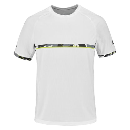 The Babolat Aero Crew Neck Men's Tennis T-Shirt in white is crafted specifically for racket sports, utilizing a durable Fiber Dry-polyester fabric. It features a round neckline and short sleeves, enhanced by an eye-catching black and yellow geometric design along the chest and sleeve edges.