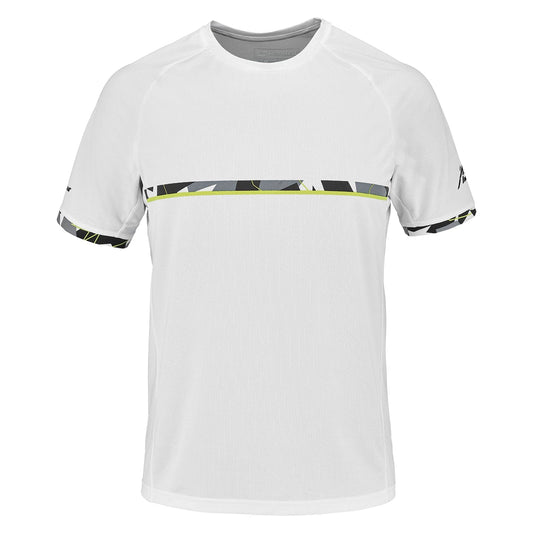 The Babolat Aero Crew Neck Men's Tennis T-Shirt in white is crafted specifically for racket sports, utilizing a durable Fiber Dry-polyester fabric. It features a round neckline and short sleeves, enhanced by an eye-catching black and yellow geometric design along the chest and sleeve edges.