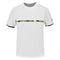 The Babolat Aero Crew Neck Men's Tennis T-Shirt in white is crafted specifically for racket sports, utilizing a durable Fiber Dry-polyester fabric. It features a round neckline and short sleeves, enhanced by an eye-catching black and yellow geometric design along the chest and sleeve edges.