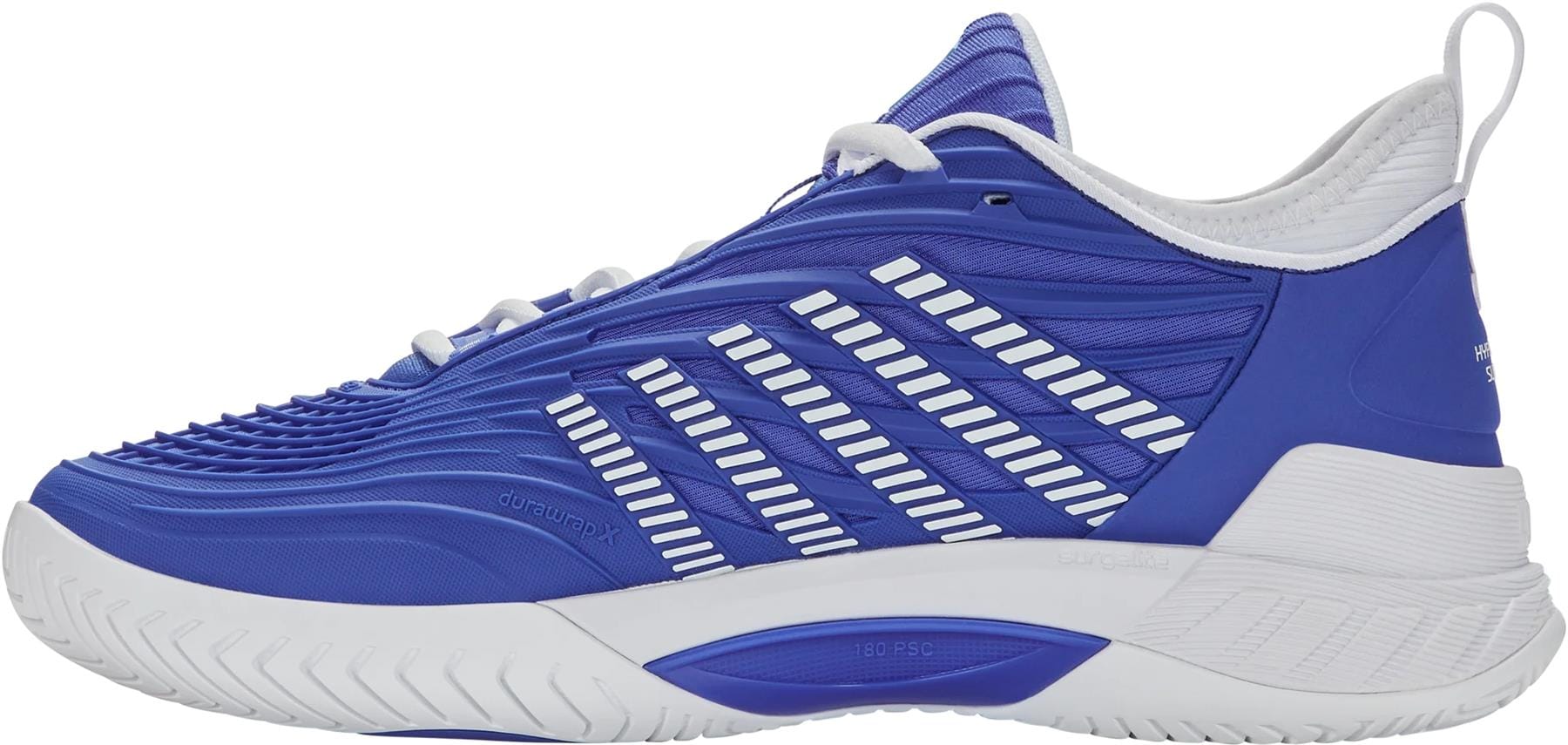 The K-Swiss Hypercourt Supreme 2 Men's Tennis Shoes in Dazzling Blue/White/Baltic Sea feature white diagonal stripes, white laces, a cushioned sole, a textured upper, and patterned outsole—ideal for sports or active wear.