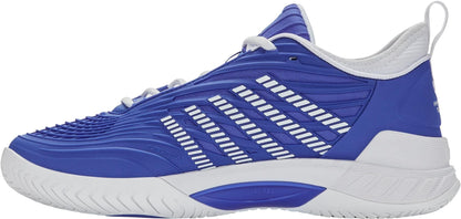 The K-Swiss Hypercourt Supreme 2 Men's Tennis Shoes in Dazzling Blue/White/Baltic Sea feature white diagonal stripes, white laces, a cushioned sole, a textured upper, and patterned outsole—ideal for sports or active wear.