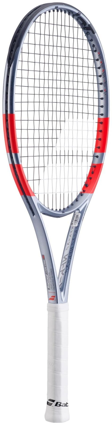 The Babolat Pure Strike 100 Gen4 Tennis Racket in Carbon Grey features a stringed oval head, white grip, and Babolat branding on the throat and grip, designed with advanced technology for high performance.