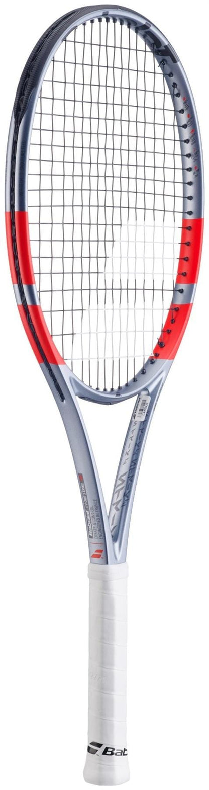 The Babolat Pure Strike 100 Gen4 Tennis Racket in Carbon Grey features a stringed oval head, white grip, and Babolat branding on the throat and grip, designed with advanced technology for high performance.